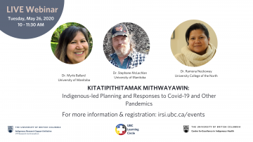 May 26th, 2020 – kitatipithitamak mithwayawin: Indigenous-Led Planning and Responses to COVID-19 and other Pandemics, Then, Now, and Into the Future
