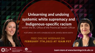 February 7th, 2023 – Unlearning and undoing systemic white supremacy and Indigenous-specific racism within the BC Office of the Provincial Health Officer With Dr. Kate Jongbloed and Dr. Danièle Behn Smith