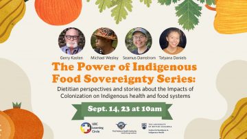 September 21st, 2023 –  The Power of Indigenous Food Sovereignty Series: Dietitian perspectives and stories about the Impacts of Colonization on Indigenous health and food systems With Gerry Kasten, Michael Wesley, Seamus Damstrom and Tatyana Daniels